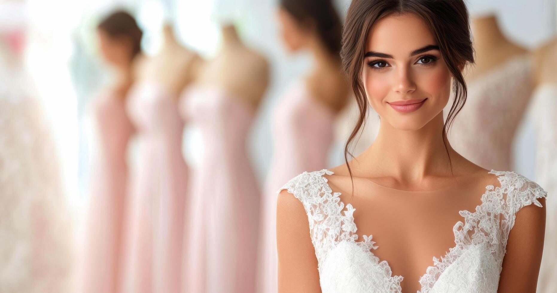 Stunning bride stands with bridesmaids in soft pastel dresses in a bridal shop setting photo