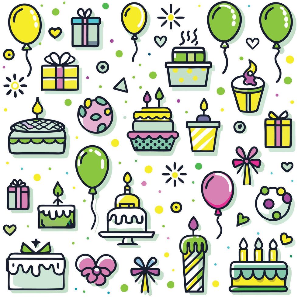 birthday party icons set with balloons, cake, balloons and other items vector