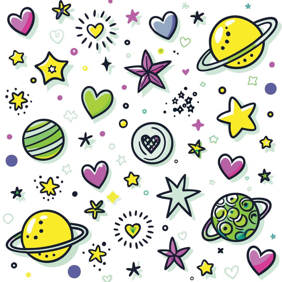 a colorful space background with planets, stars and hearts vector