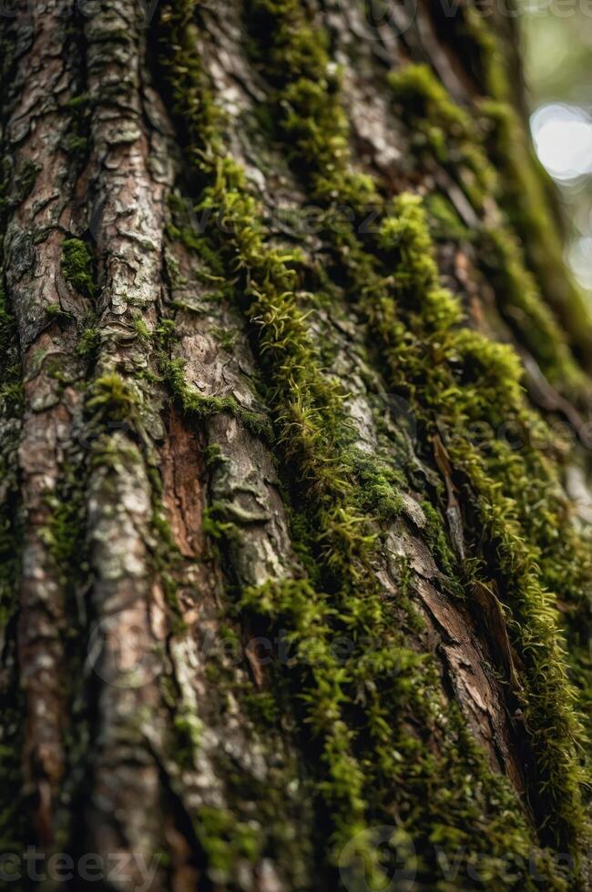 Close-up of tree bark covered in vibrant green moss, showcasing natural textures and colors. photo