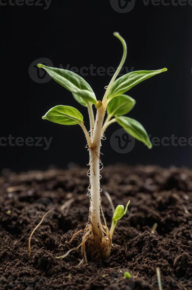 A young plant sprouting from rich soil, symbolizing growth and renewal. photo