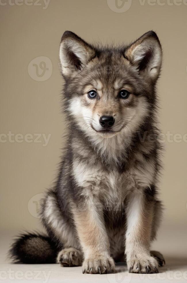 A cute wolf pup with blue eyes sitting against a neutral background. photo