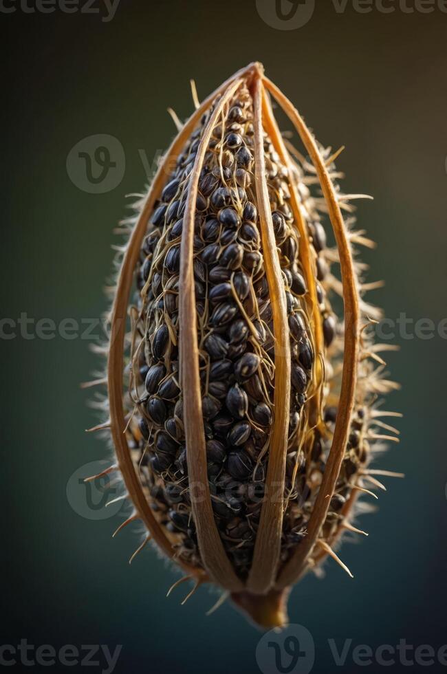 Close-up of a seed pod showcasing intricate textures and structures. photo