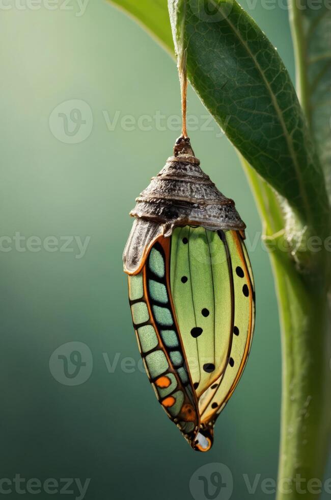A close-up of a chrysalis hanging from a leaf, showcasing its intricate structure and colors. photo