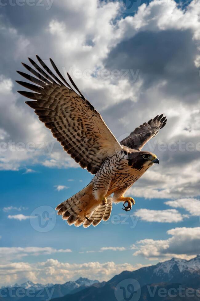 A hawk soaring through a blue sky with clouds and mountains in the background. photo