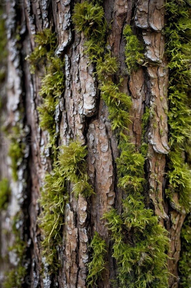 Close-up of tree bark covered in vibrant green moss, showcasing nature's textures. photo