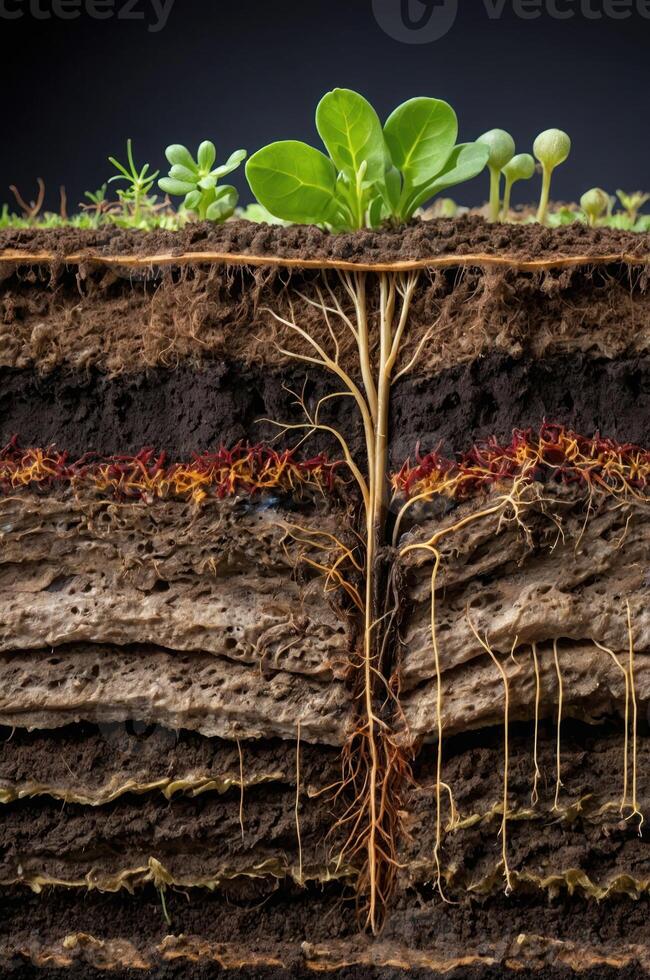Cross-section of soil illustrating plant roots and layers of earth. photo