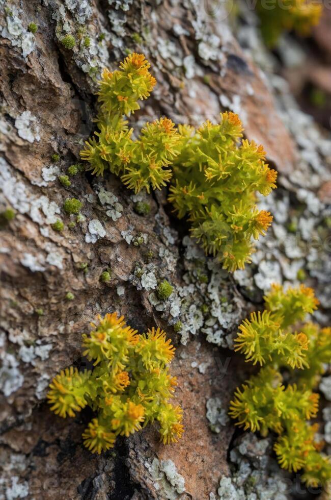 Close-up of vibrant green and orange moss on a textured tree bark. photo