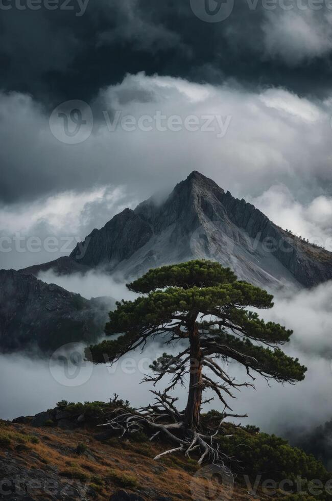 A solitary tree stands against a dramatic mountain backdrop shrouded in clouds. photo