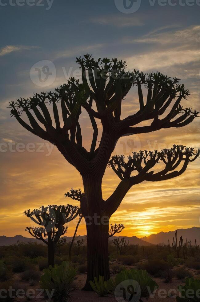 A silhouetted tree against a vibrant sunset in a desert landscape. photo