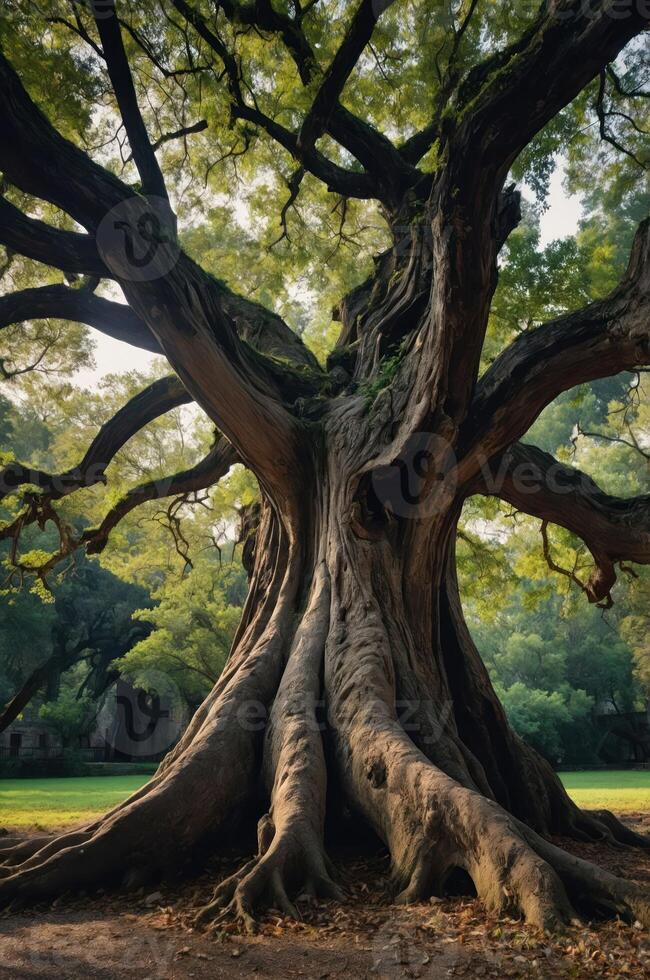 A majestic tree with sprawling branches and textured bark, set in a serene natural environment. photo