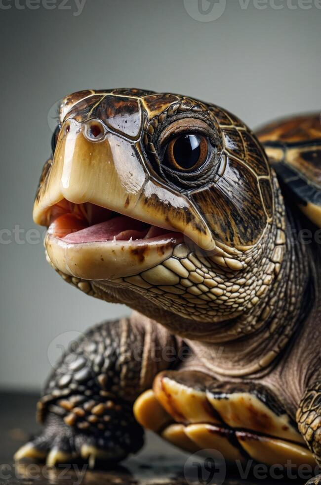 Close-up of a turtle showcasing its detailed shell and expressive features. photo