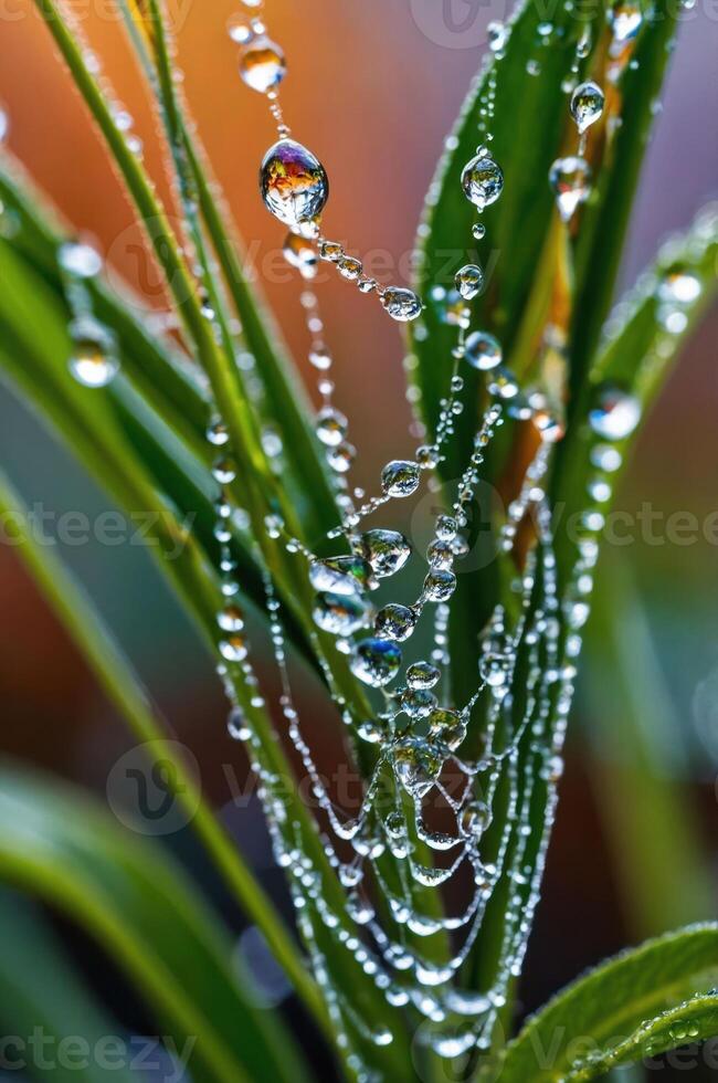 A close-up of dew-covered grass with a spider web, showcasing nature's beauty and detail. photo