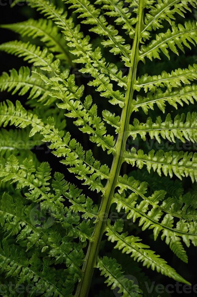 Close-up of a vibrant green fern leaf showcasing intricate patterns and textures. photo
