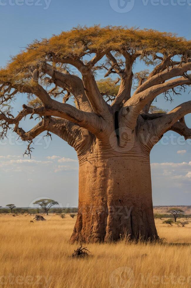 A majestic baobab tree stands tall in a golden grassland under a clear blue sky. photo