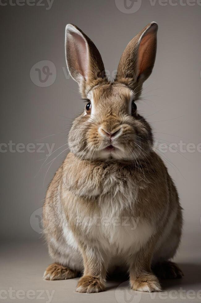 A close-up portrait of a rabbit with large ears and soft fur, showcasing its features. photo