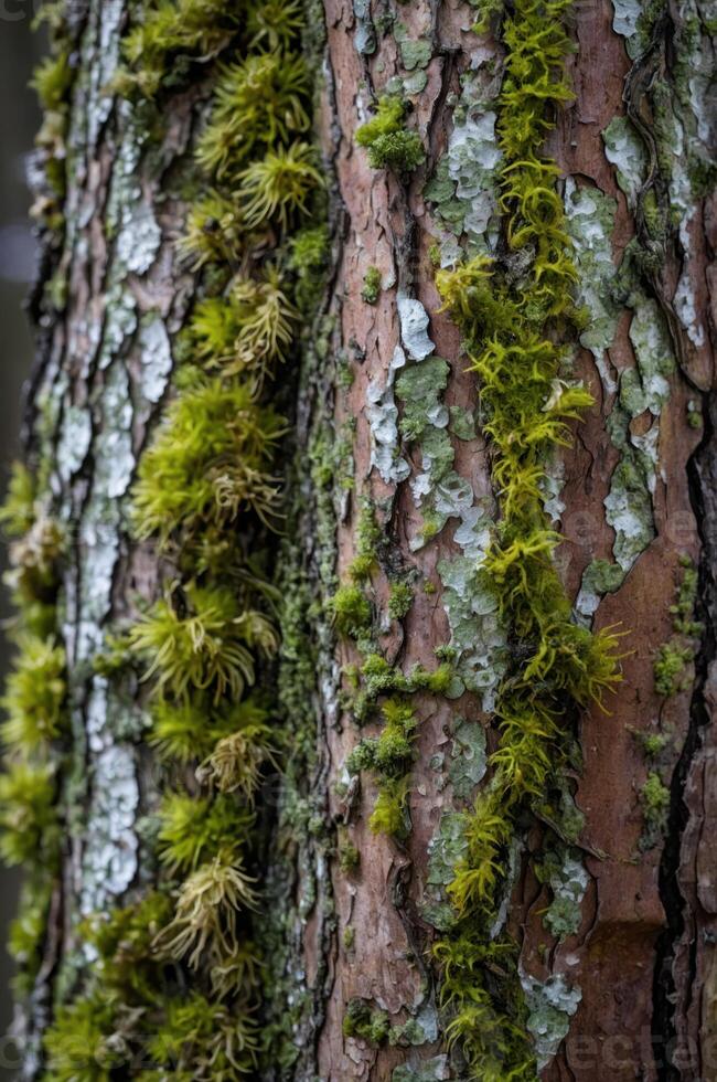 Close-up of a moss-covered tree trunk showcasing natural textures and colors. photo