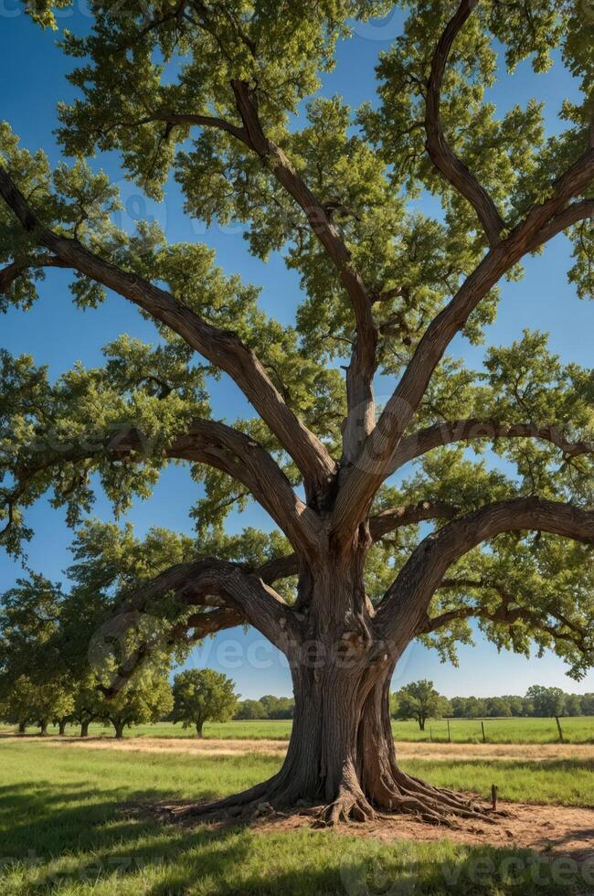 A large, leafy tree stands prominently against a clear blue sky in a grassy landscape. photo