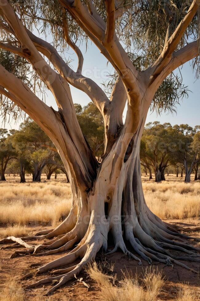 A close-up of a majestic tree with textured bark and sprawling roots in a natural landscape. photo