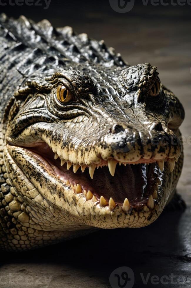 A close-up of a crocodile displaying its sharp teeth and intense gaze. photo
