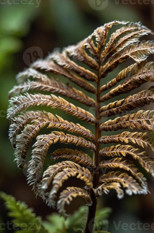 A close-up of a brown fern leaf showcasing intricate patterns and textures. photo