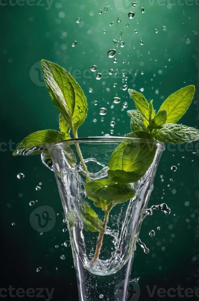 Fresh mint leaves splashing in water, creating a refreshing visual effect. photo
