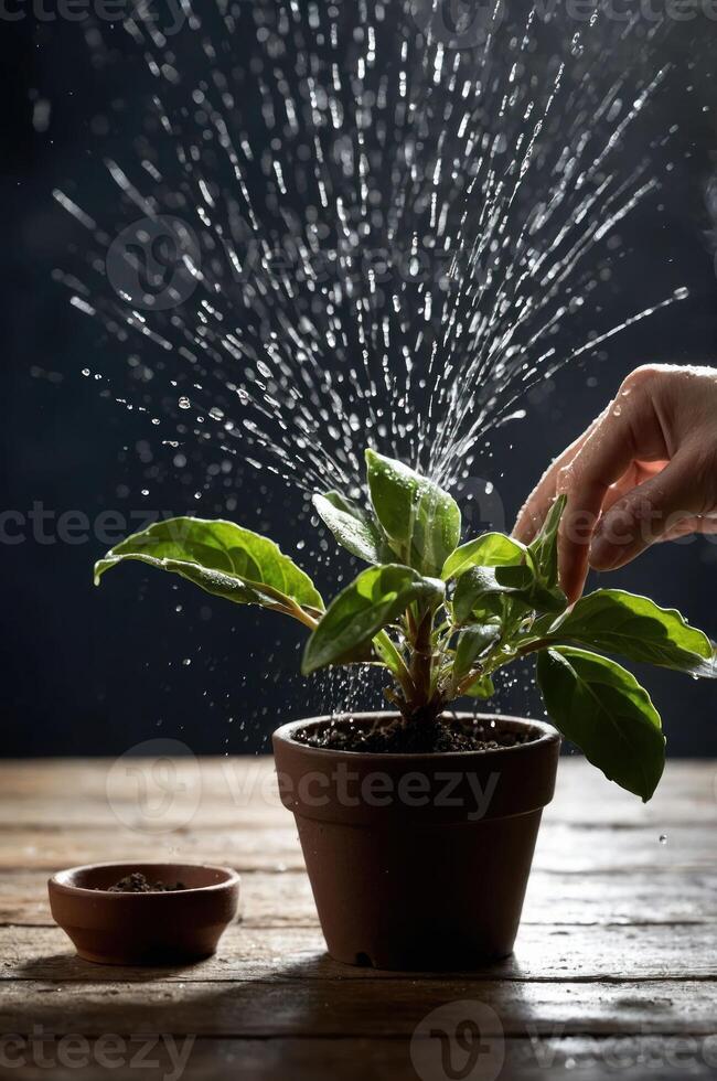 A hand watering a potted plant, showcasing care and nurturing of green life. photo