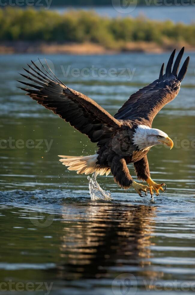 A majestic eagle swoops down to catch fish from a serene lake. photo