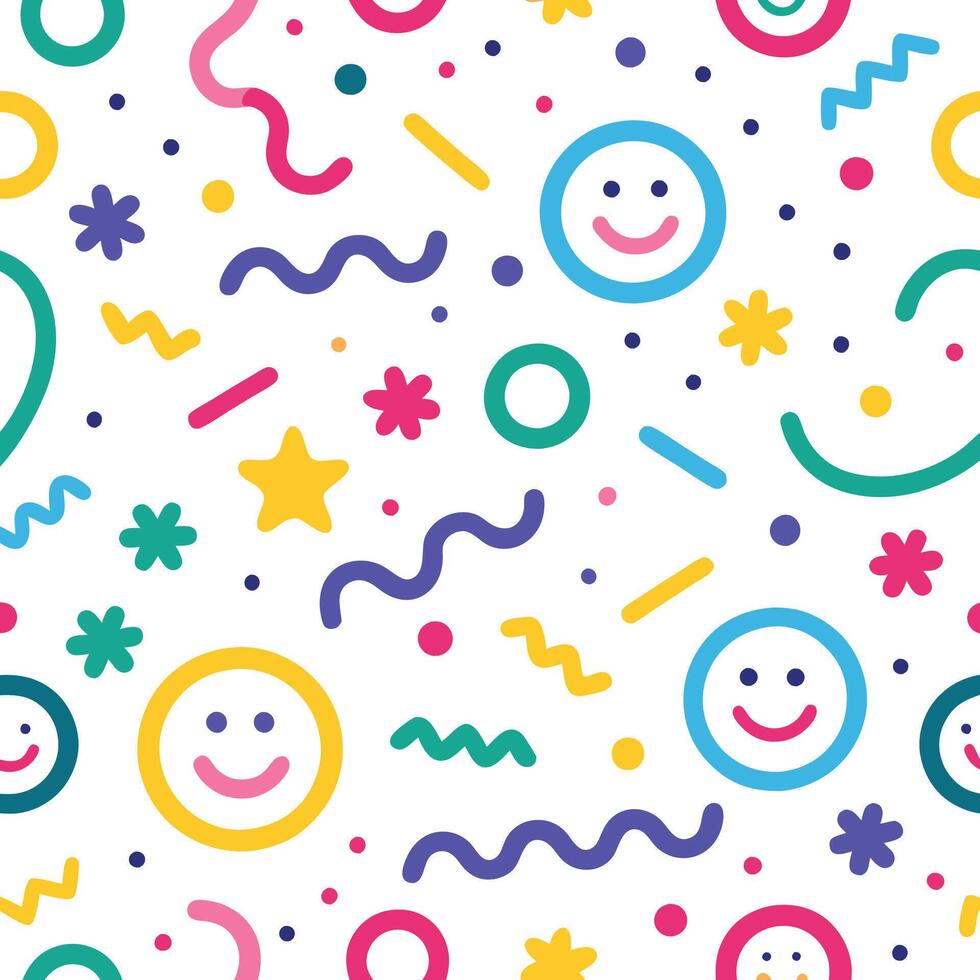 smiley face pattern with colorful shapes and stars vector