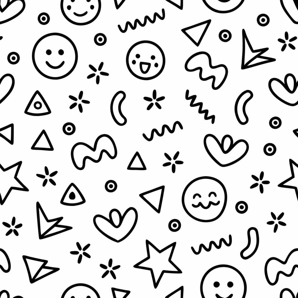 a black and white pattern with smiley faces and other shapes vector