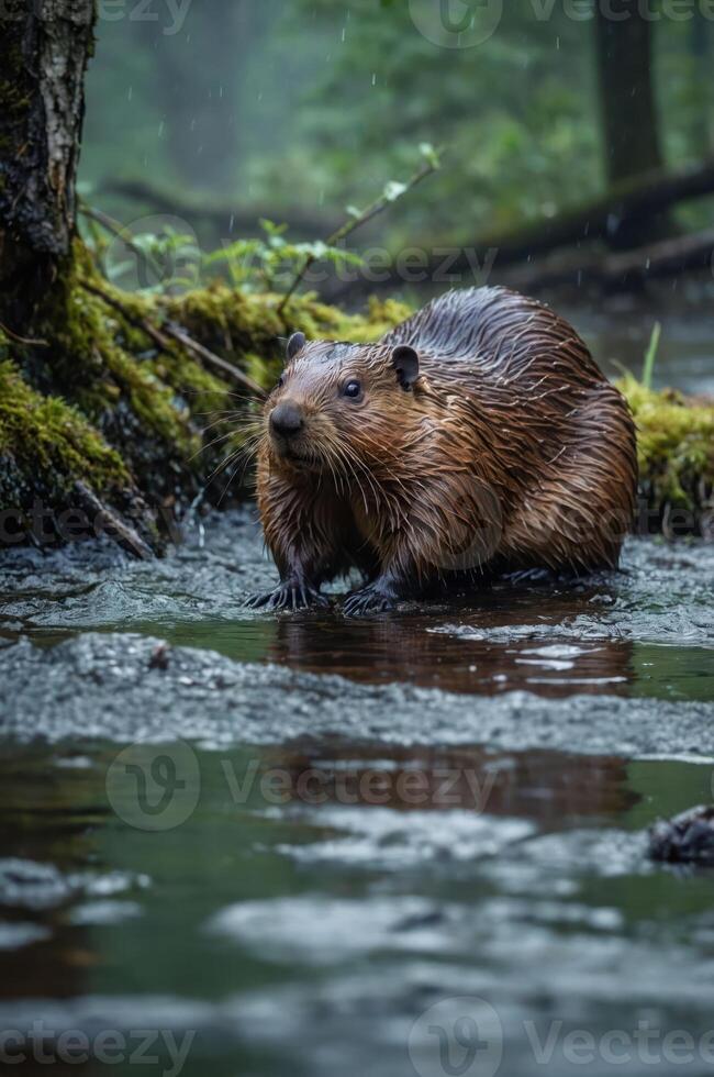 A beaver stands in a serene wetland, surrounded by lush greenery and water. photo