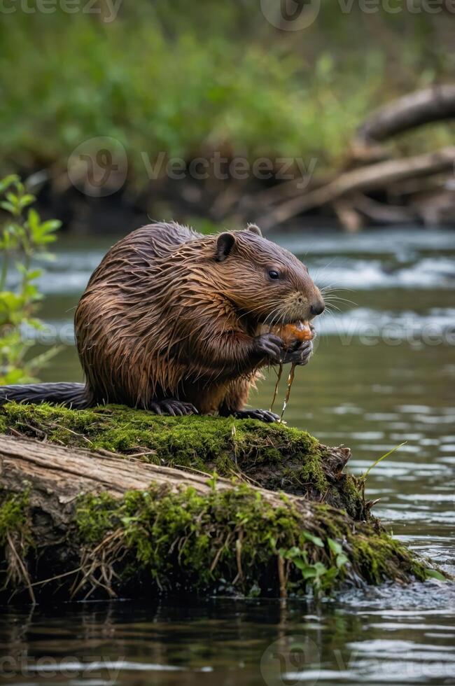 A beaver sitting on a mossy log near a river, eating a piece of food. photo
