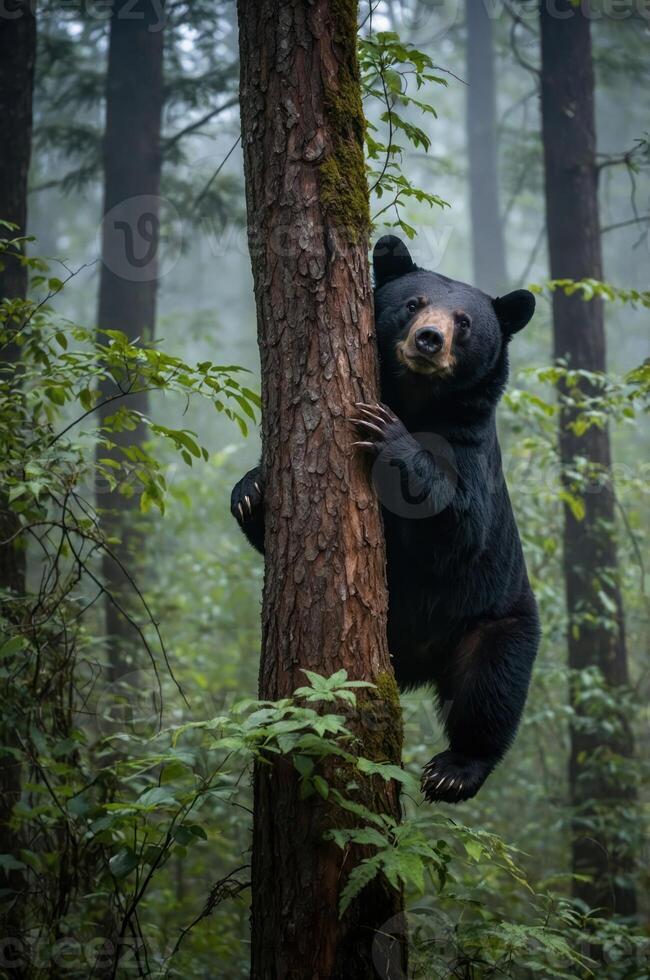 A black bear climbing a tree in a misty forest, showcasing wildlife in a natural habitat. photo