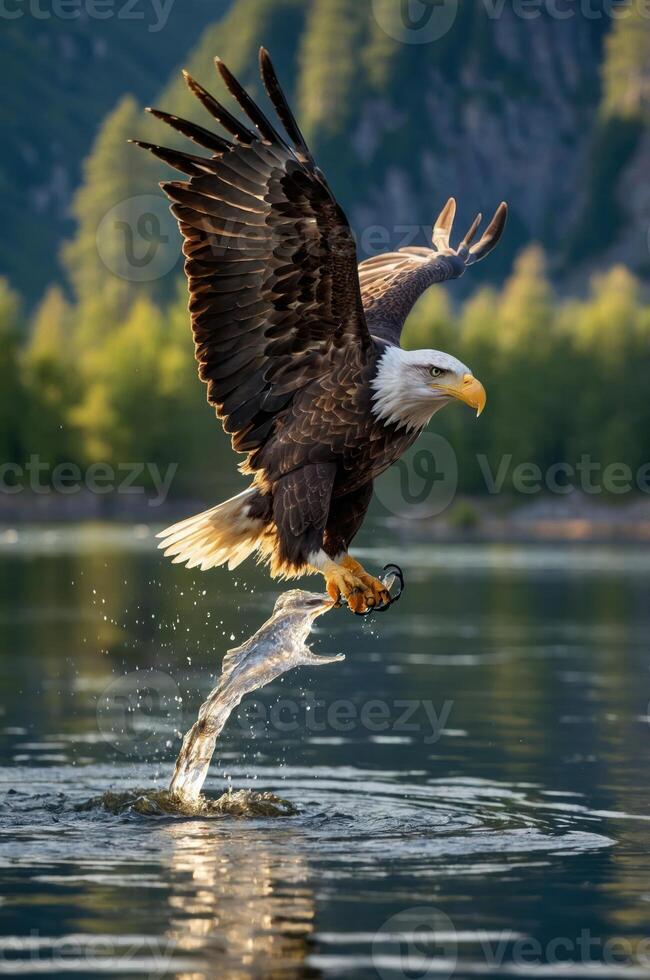 A bald eagle catches a fish from a serene lake, showcasing its hunting prowess. photo