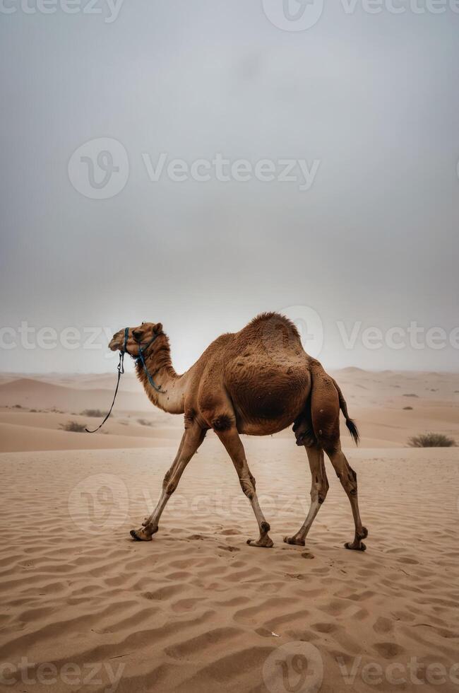A camel walking through a sandy desert landscape under a cloudy sky. photo