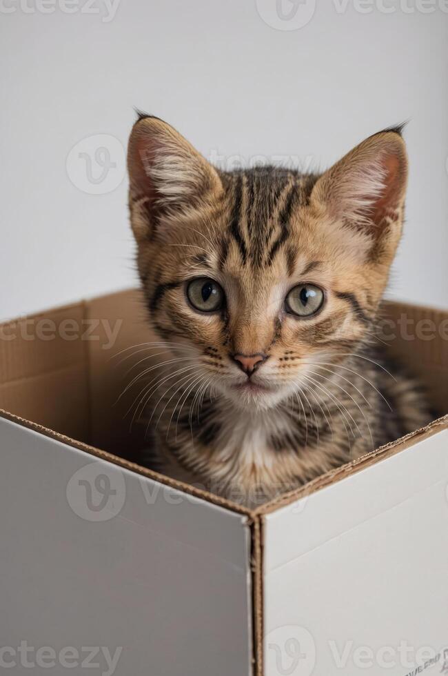 A playful kitten peeks out from a cardboard box, showcasing its curious expression. photo