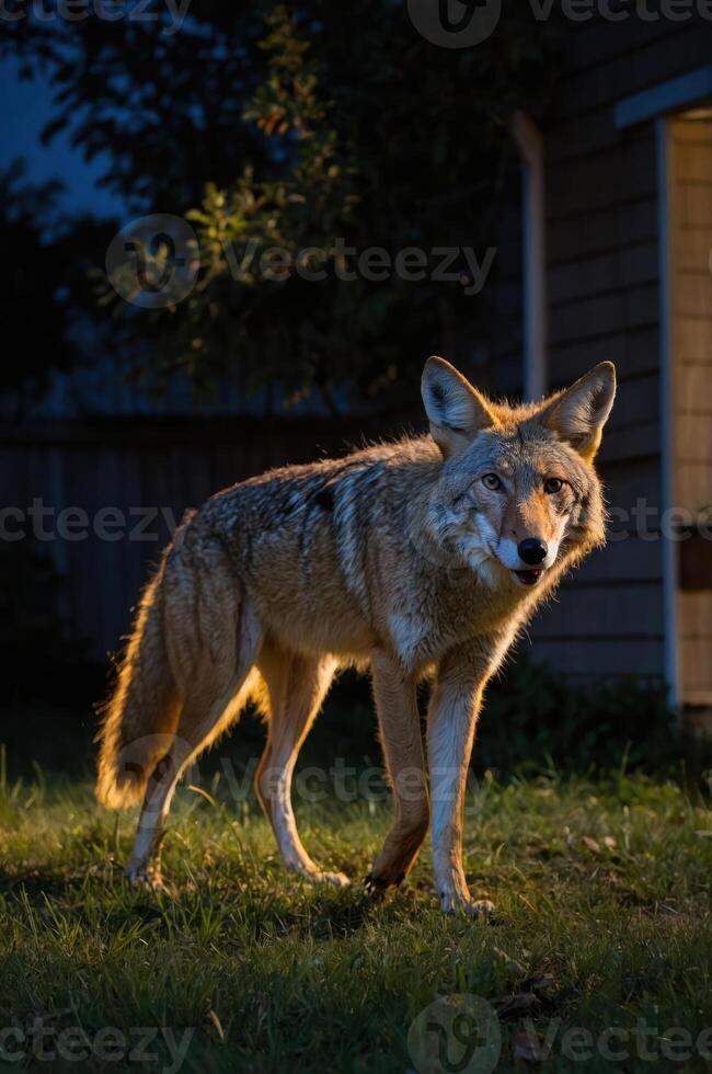 A coyote stands in a yard at night, illuminated by warm light from a nearby house. photo