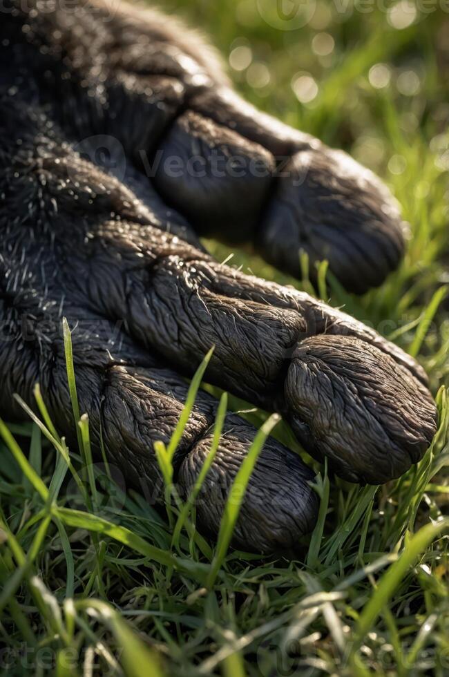 A close-up of a large animal's paw resting on lush green grass. photo