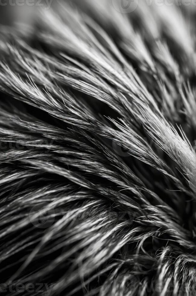 Close-up of textured fur or hair in black and white, emphasizing detail and pattern. photo