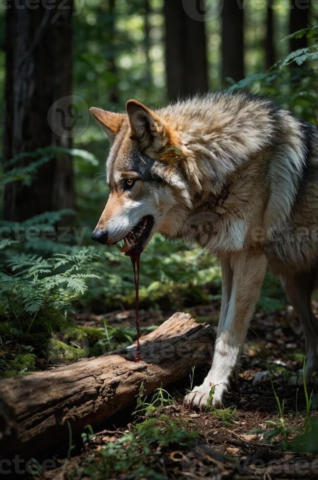 A wolf stands in a forest, with blood dripping from its mouth onto a log. photo