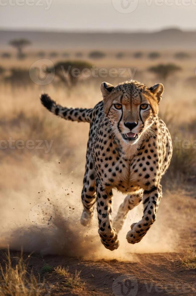 A cheetah sprinting across a dusty landscape, showcasing its speed and agility in the wild. photo