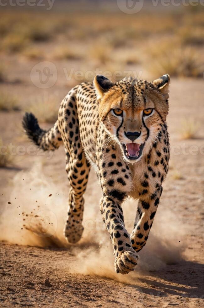 A cheetah running swiftly across a sandy landscape, showcasing its speed and agility. photo