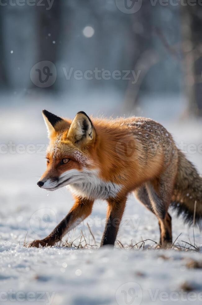 A red fox prowls through the snow, showcasing its fur and keen hunting instincts. photo
