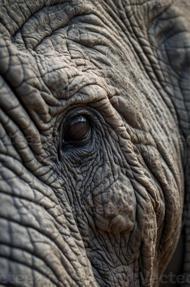 Close-up of an elephant's textured skin and eye, showcasing its intricate features. photo
