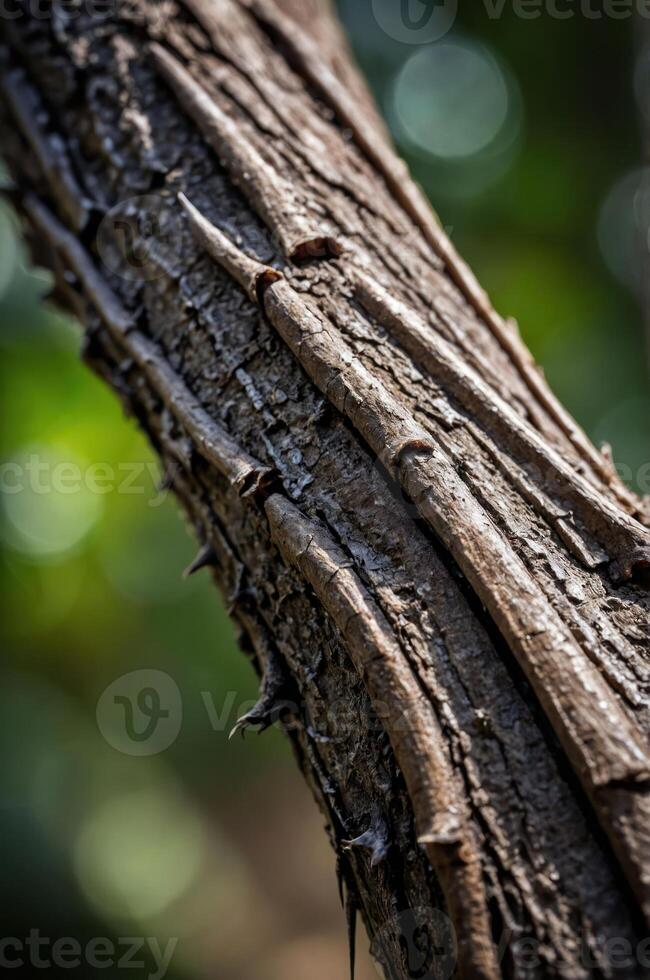Close-up of a textured tree trunk with thorns, showcasing natural details. photo