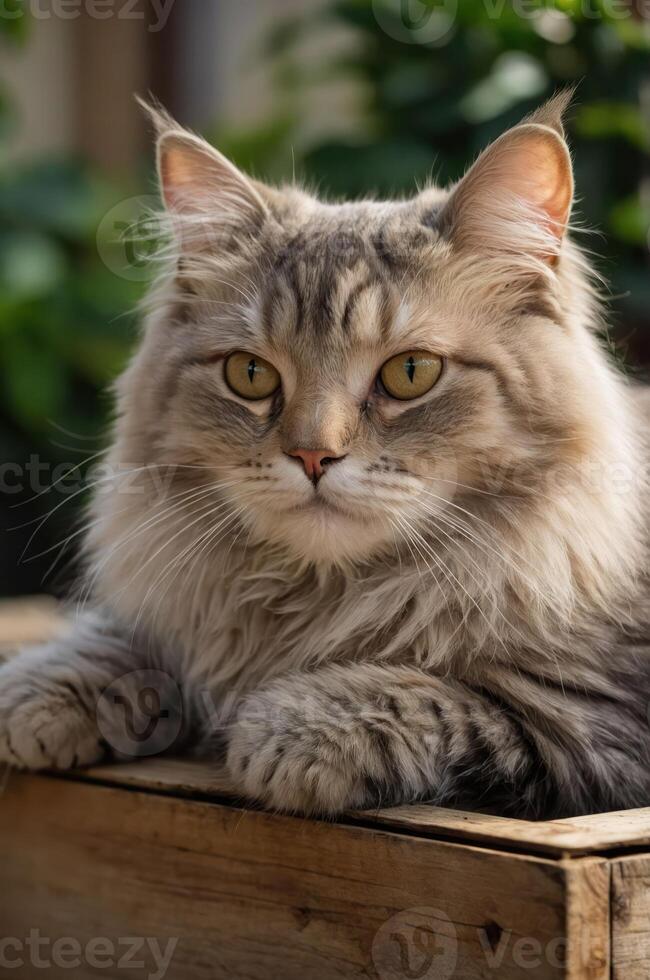 A close-up of a fluffy cat resting on a wooden surface with a blurred green background. photo
