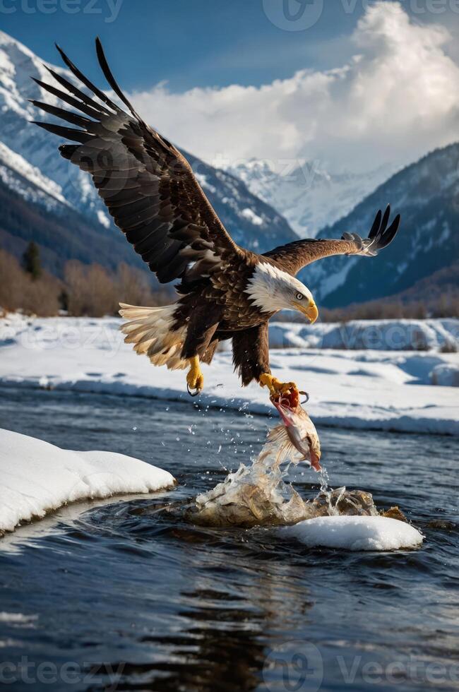 An eagle catching a fish in a snowy landscape with mountains in the background. photo