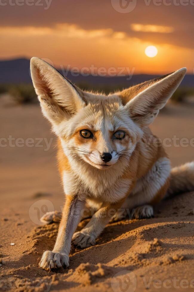 A fennec fox with large ears sits in the desert at sunset, showcasing its unique features. photo
