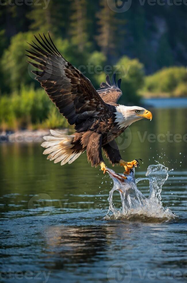 A bald eagle catching a fish in a serene river setting. photo