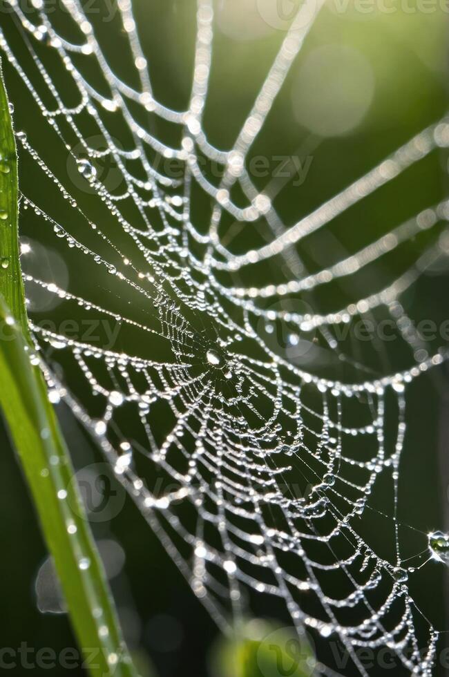 A close-up of a spiderweb adorned with dew drops, showcasing natural beauty and intricacy. photo